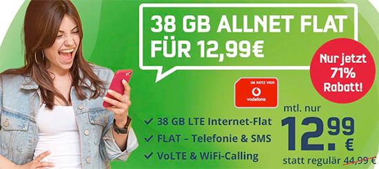 Vodafone Allnet-Flat mit 38GB LTE inkl. VoLTE & WiFi-Call für 12,99€ mtl.