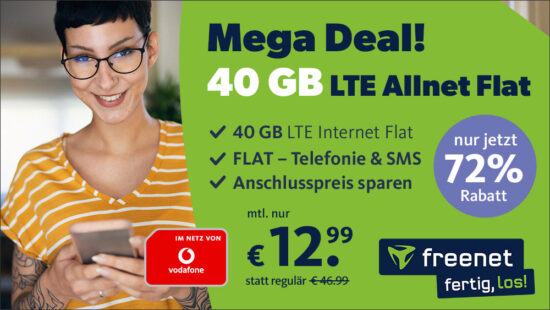Vodafone Allnet-Flat mit 40GB LTE inkl. VoLTE & WiFi-Call für 12,99€ mtl.