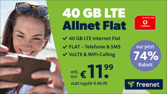 Vodafone Allnet-Flat mit 40GB LTE inkl. VoLTE & WiFi-Call für 12,99€ mtl.